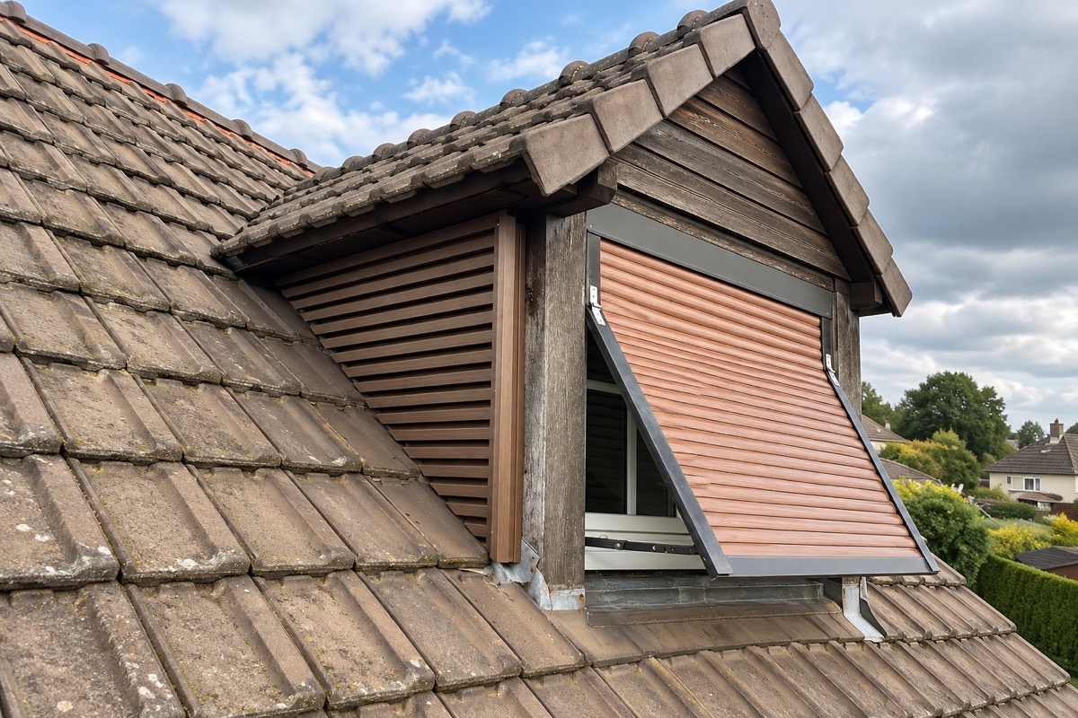 Lucarne avec habillage en bois et couverture en tuiles